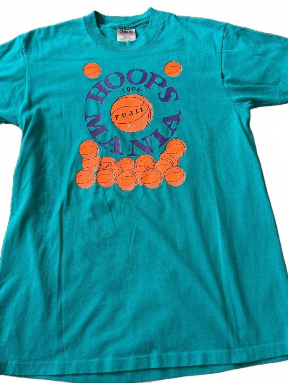 Vintage Medium Single Stitch Teal Oneita 1996 Hoops Mania Basketball Graphic Tee